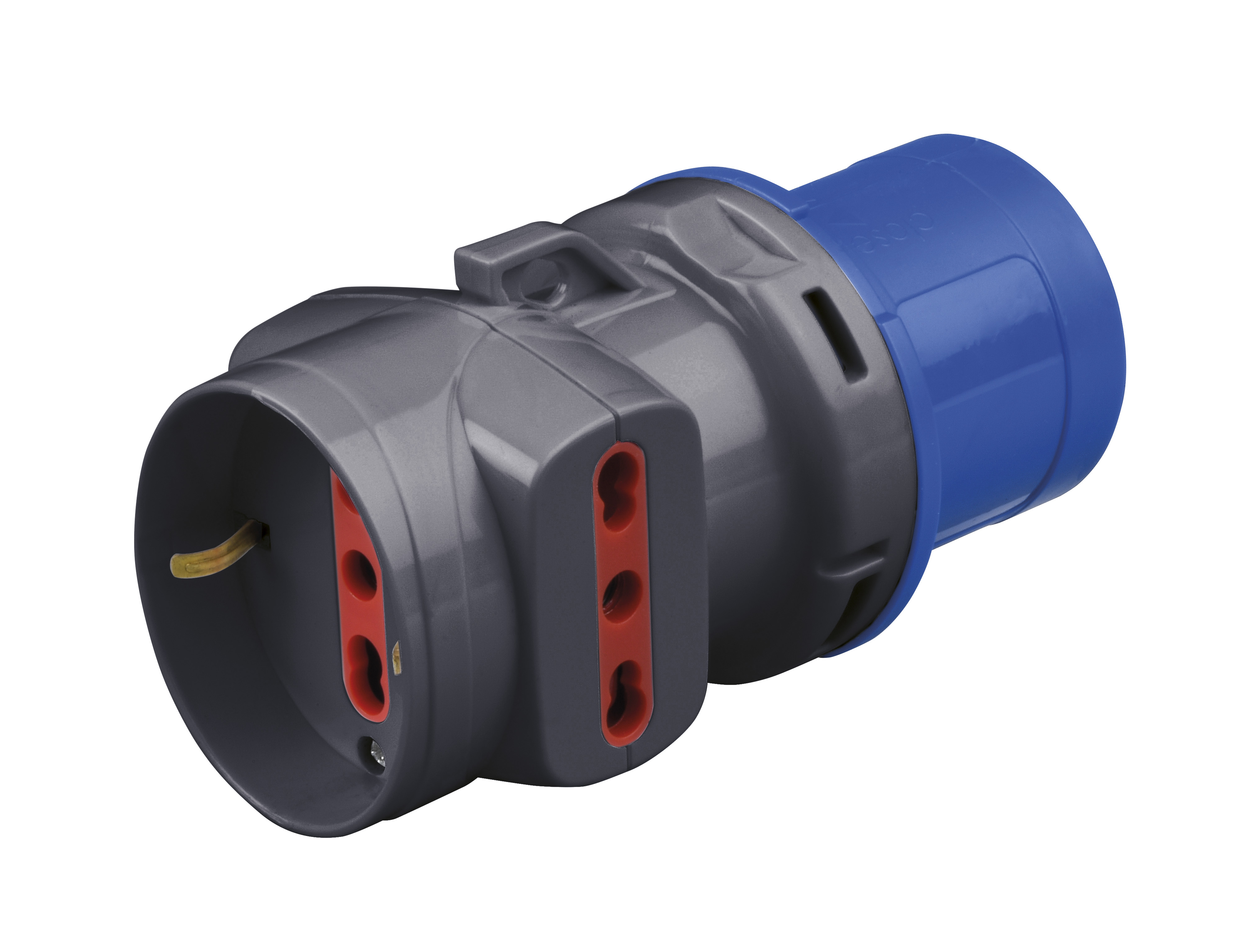 Adattatore CEE Blu 2P+T a 3 uscite: 1 Schuko Universale+ 2 Bpersa 16A 220V IP20